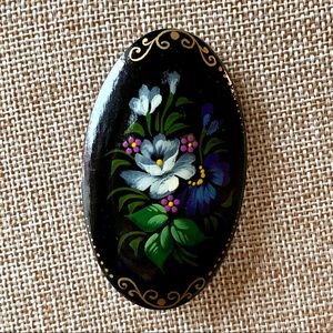 Vintage Brooch Wood Black Floral Lacquer Signed